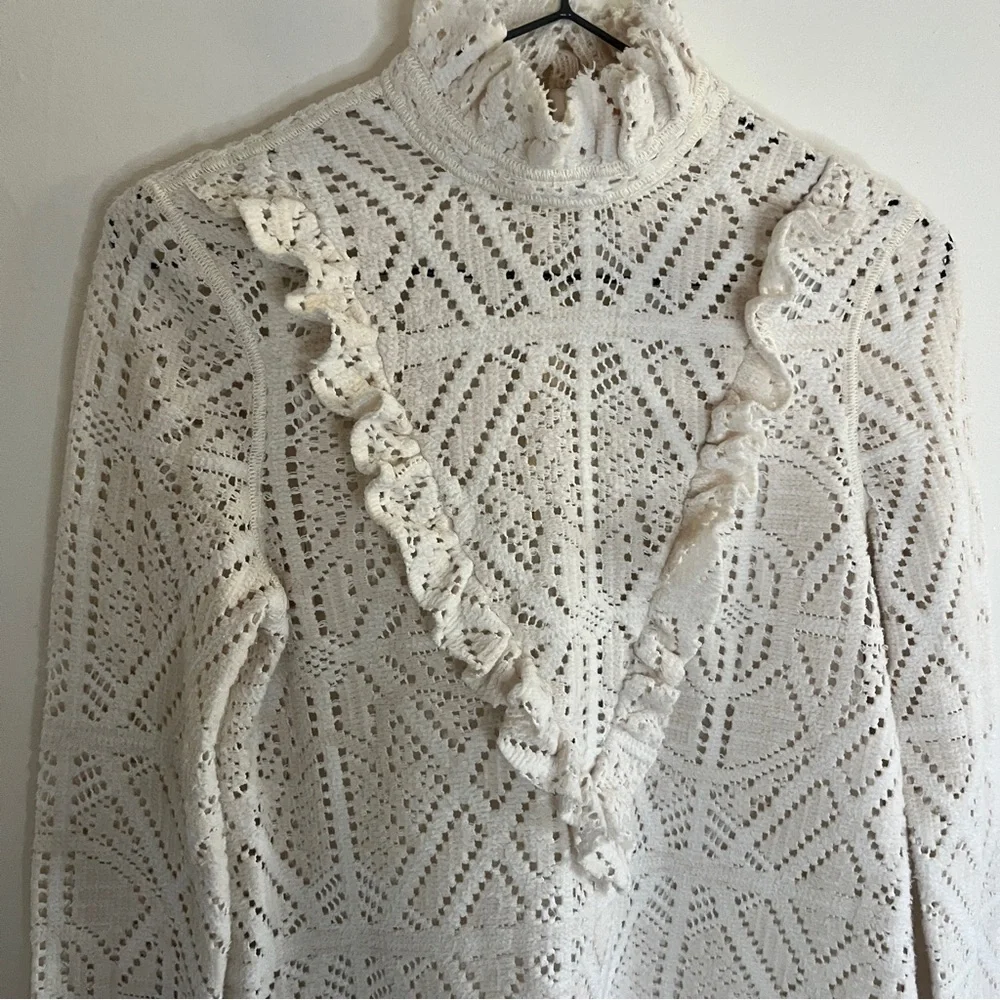 See by Chloe Cream Crochet Knit High Neck Victorian Style Long Sleeve Blouse - Picture 3 of 9